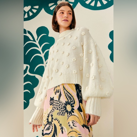 Farm Rio White Handmade Flowers Sweater S Floral Applique Puff Sleeves Knit NWT - Picture 1 of 6